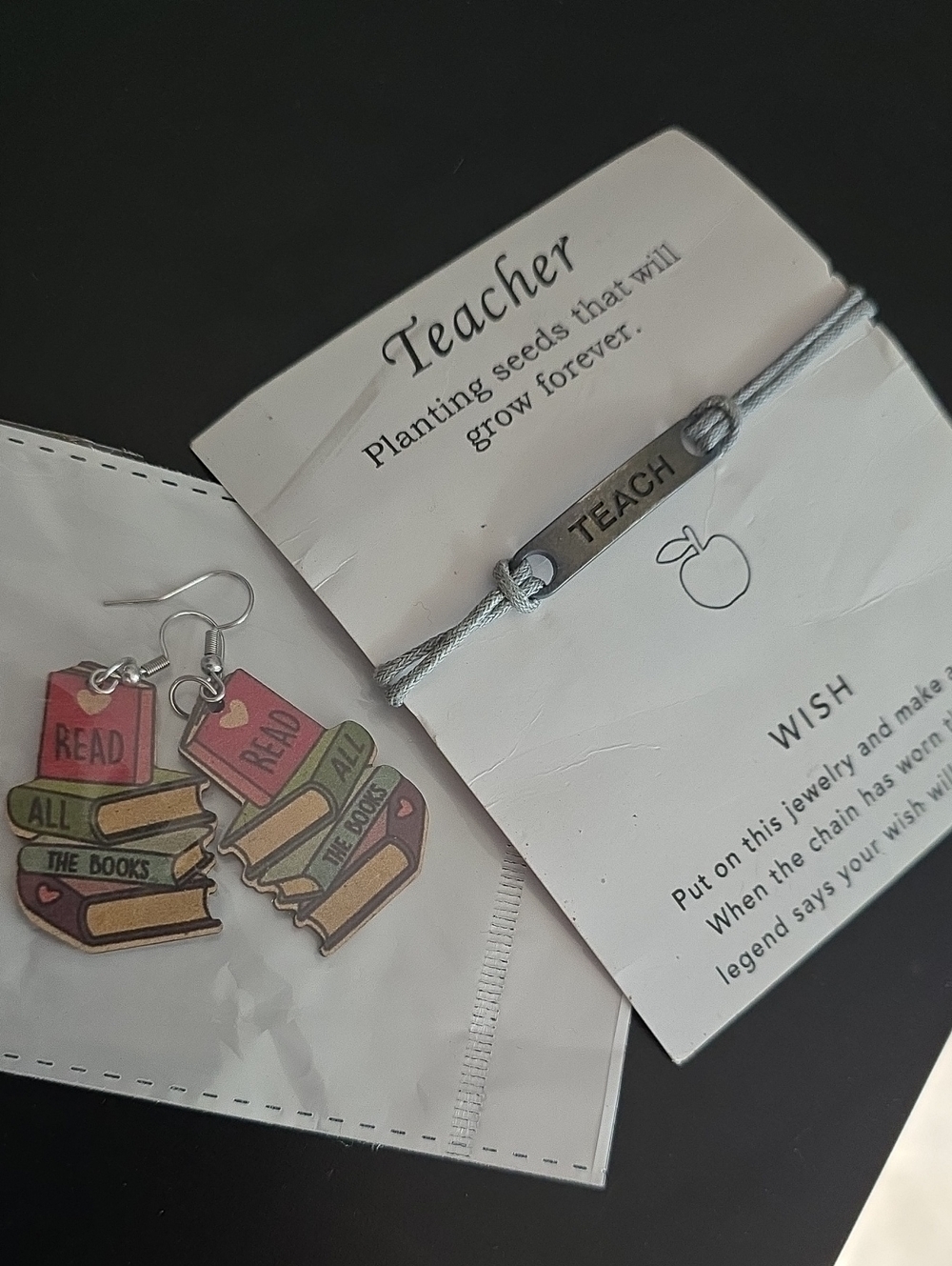 Teacher TEACH Silver Bar Bracelet with Grey Cord & Book Themed Earrings